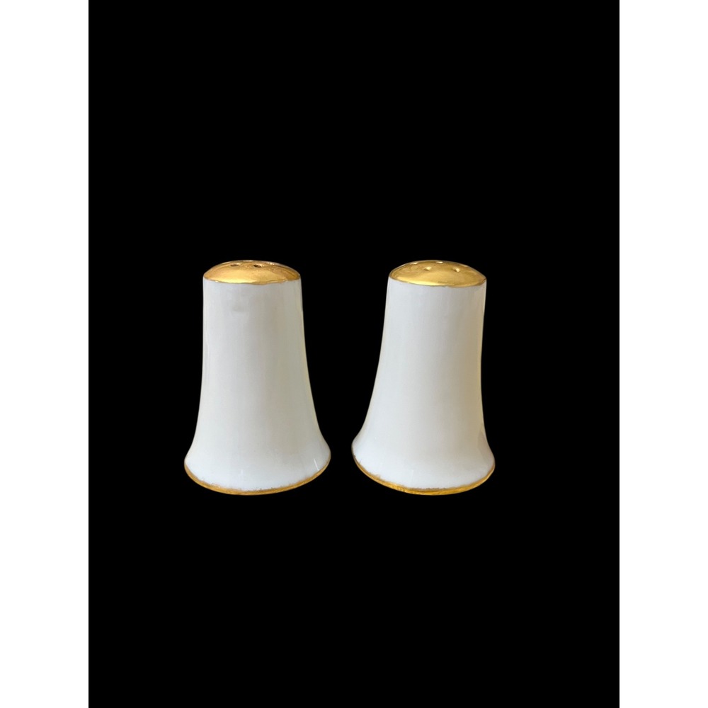 Vintage White Porcelain Salt and Pepper Shakers Gold Trim Mid Century Modern